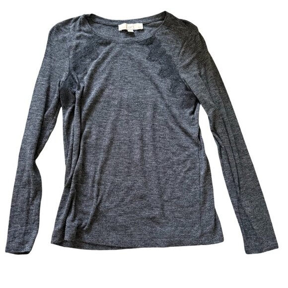 LOFT Charcoal Gray Long Sleeve Knit Top with Lace Detail Size Petite XS - Picture 2 of 5